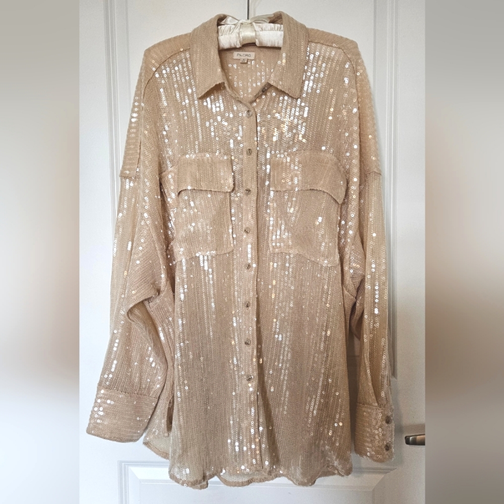 Anthropologie Sequined Long-Sleeve Oversized Button Down Collared Top by Pilcro